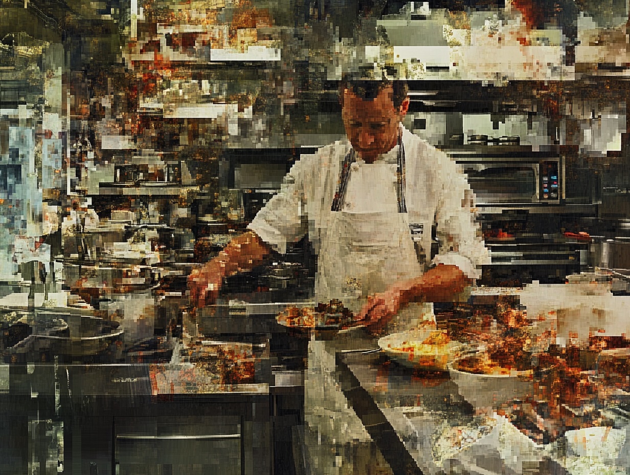 Fragmented, pixelated image of a chef in a restaurant kitchen