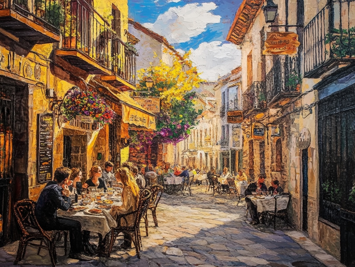 Illustration of a street of restaurants in Spain style